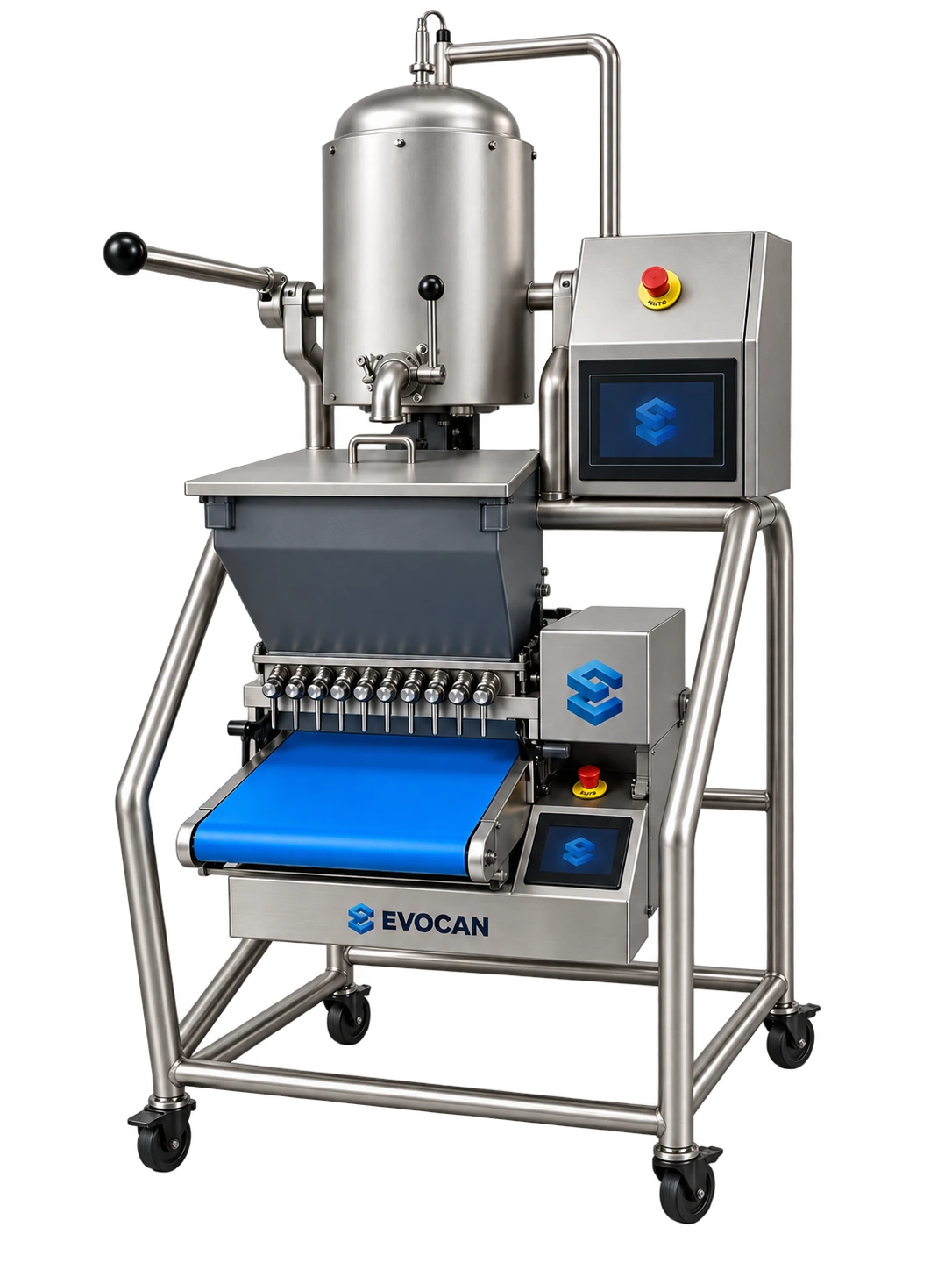 Current EVO MDK with stainless cooker, heated hopper, ten-nozzle depositor and tubular frame on locking casters