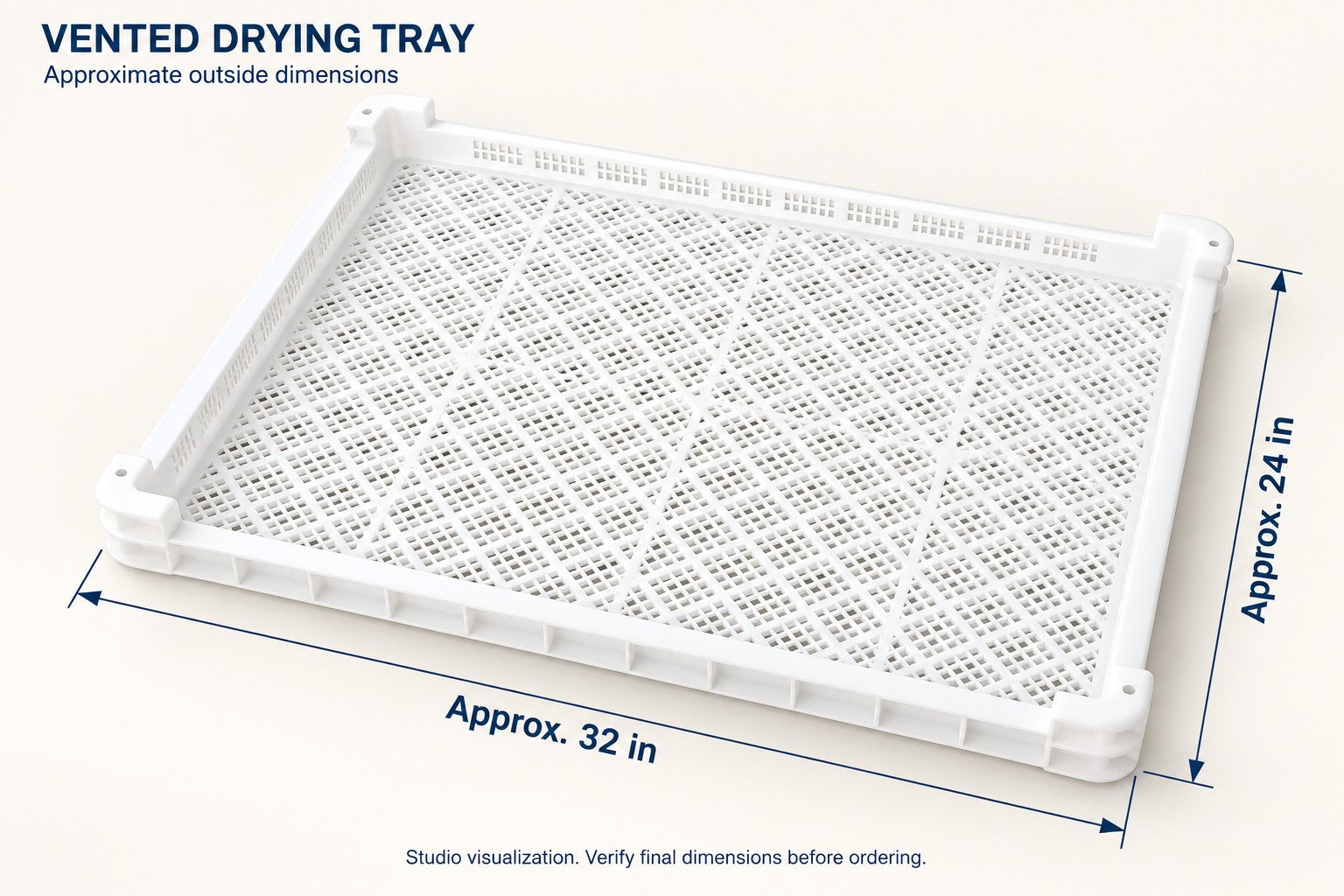 Studio illustration showing the tray’s approximate 32 by 24 inch outside dimensions