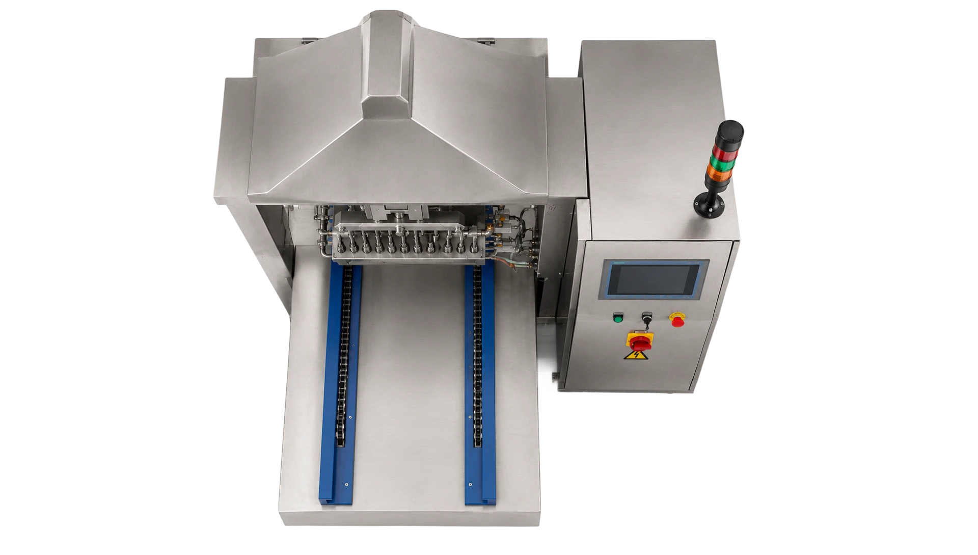 EVO30 depositor viewed from above, showing the depositing assembly, mold transport, control cabinet and mobile frame