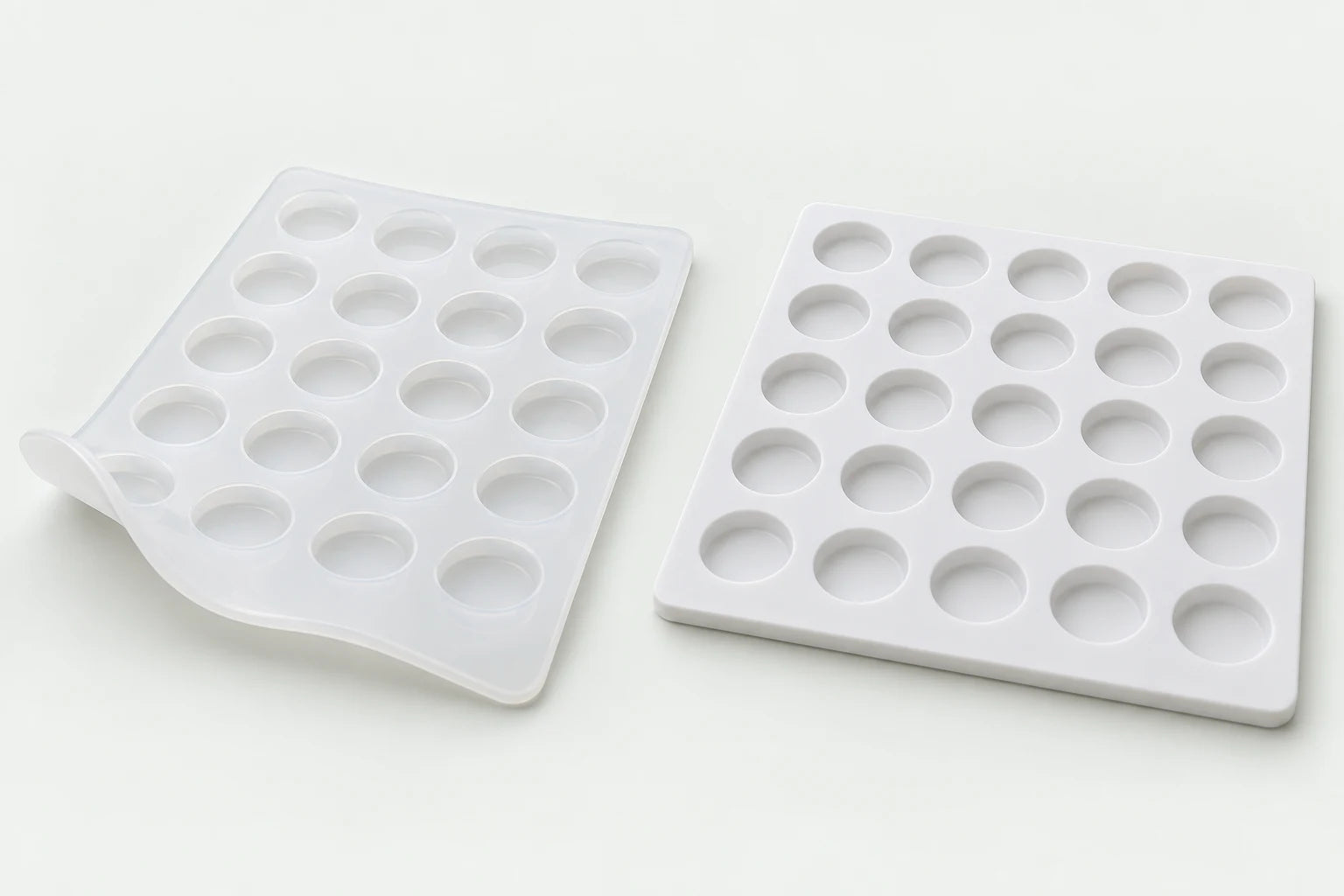 Illustrated construction comparison: flexible translucent silicone on the left; opaque supported silicone on the right